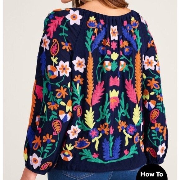 Soft Surroundings Banjara Embroidered Peasant Blouse Top Small Navy Lined Boho - Picture 5 of 15